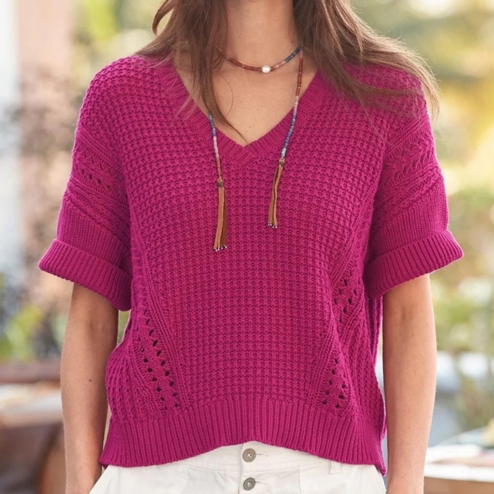 Sundance My Everyday Sangria Pink Vneck Short Sleeve Knit Sweater Womens Size Xs